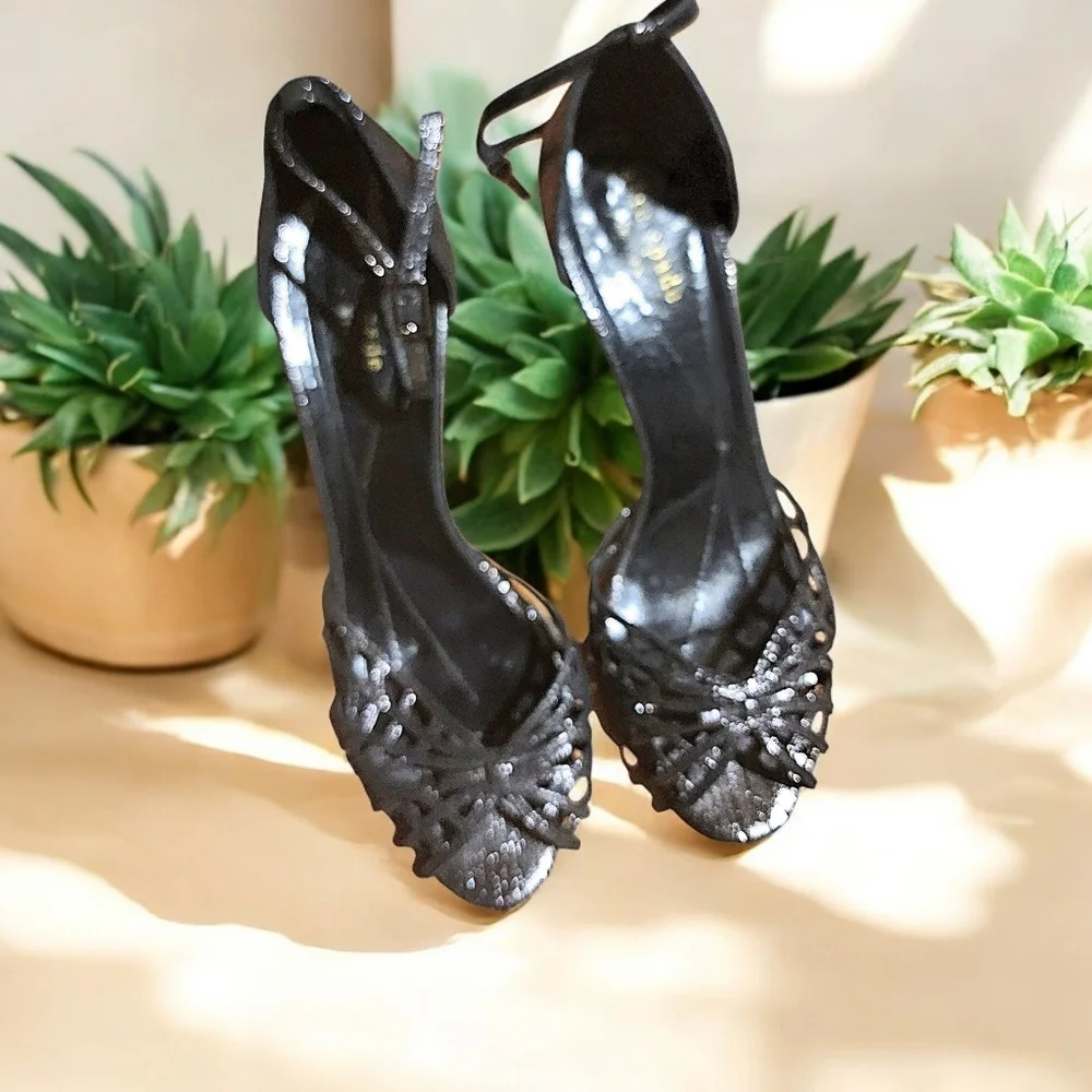 Kate Spade New York Dark Silver/Black Strappy Metallic Glitter Heels Size 7B